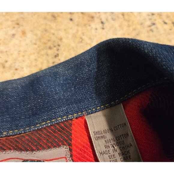 Pine Grove Men's Sz S Red Plaid Flannel Lined Denim Jacket  Trucker - Picture 9 of 16